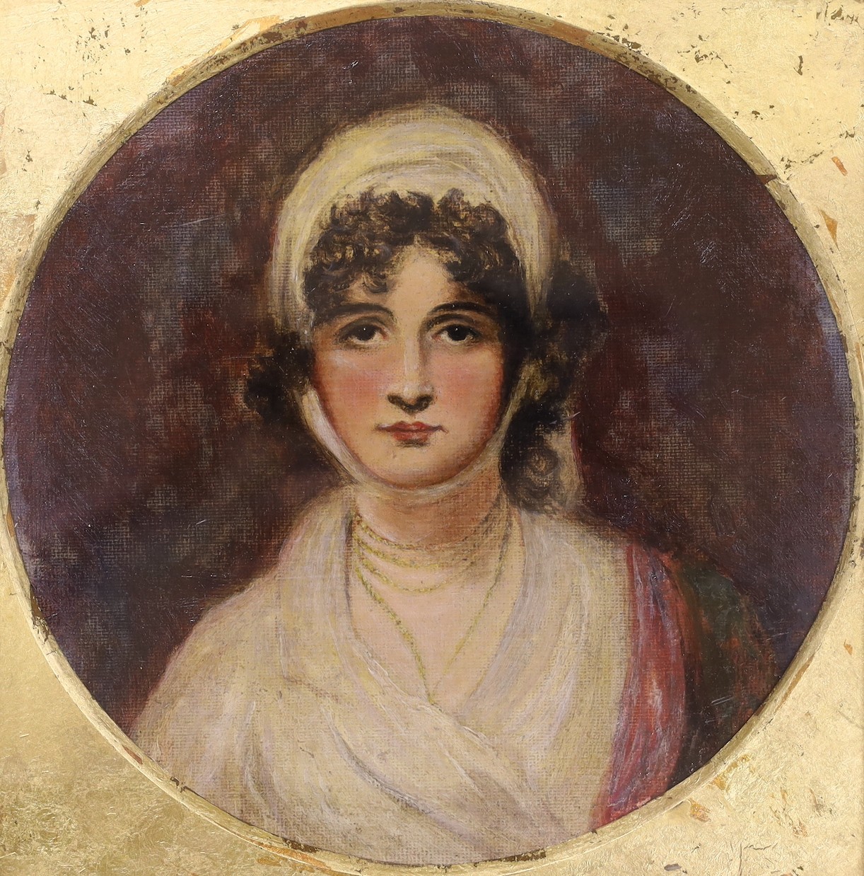 19th century English School, oil on canvas laid on board, Portrait of a lady, tondo, 20cm